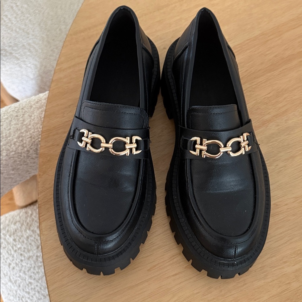 Black Loafers with Gold Chain Detail